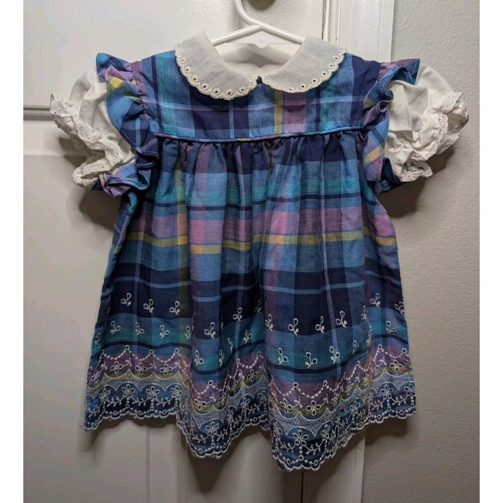 Vintage Union Made Baby Dress Purple & Blue Plaid Lace Lil Airess Size 12 Months